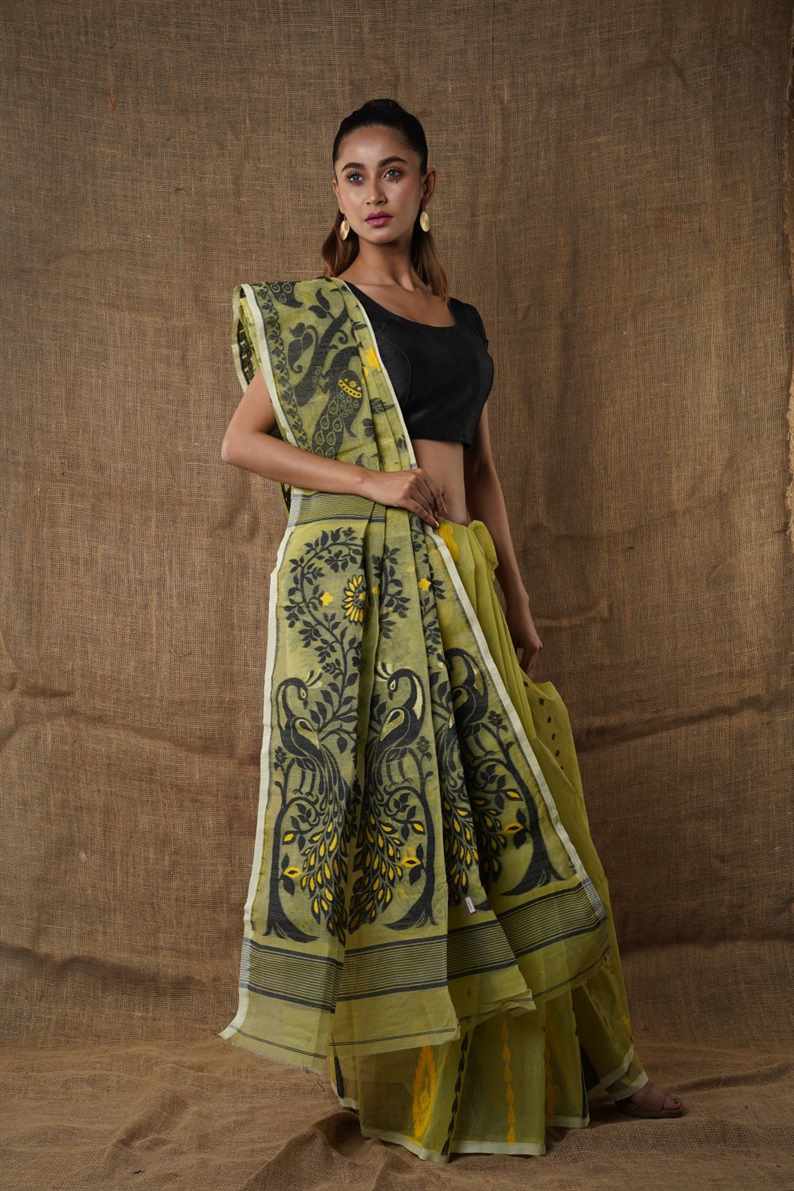 Traditional Bengal Cotton Silk Soft Jamdani Saree with Pesta green colour combination ,Handwoven in the Rich Heritage of Bengal Minakari Dhakai | Item Length: 5.5 Metres Width: 1.2 Meters | Without Blouse Piece.