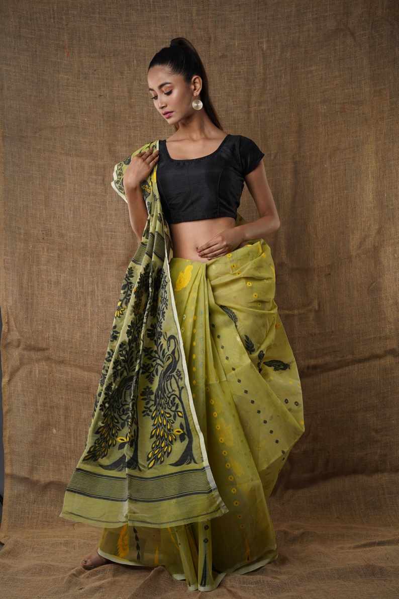 Traditional Bengal Cotton Silk Soft Jamdani Saree with Pesta green colour combination ,Handwoven in the Rich Heritage of Bengal Minakari Dhakai | Item Length: 5.5 Metres Width: 1.2 Meters | Without Blouse Piece.