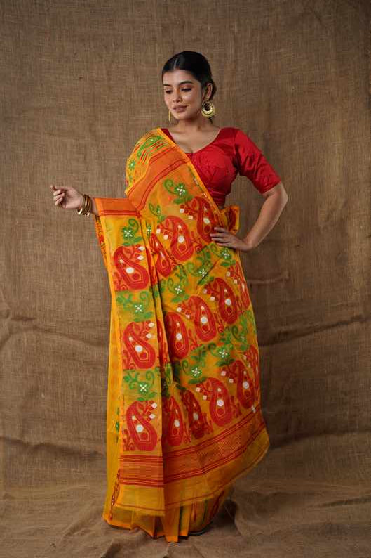 Traditional Bengal Cotton Silk Soft Jamdani Saree with the yellow colour combination, Handwoven in the Rich Heritage of Bengal Minakari Dhakai | Item Length: 5.5 Metres Width: 1.2 Meters | Without Blouse Piece.DN NO-1029