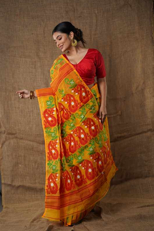 Traditional Bengal Cotton Silk Soft Jamdani Saree with the yellow colour combination, Handwoven in the Rich Heritage of Bengal Minakari Dhakai | Item Length: 5.5 Metres Width: 1.2 Meters | Without Blouse Piece.DN NO-1029