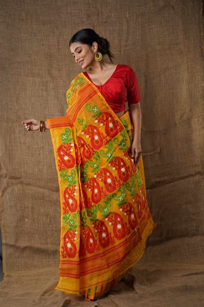 Traditional Bengal Cotton Silk Soft Jamdani Saree with the yellow colour combination, Handwoven in the Rich Heritage of Bengal Minakari Dhakai | Item Length: 5.5 Metres Width: 1.2 Meters | Without Blouse Piece.DN NO-1029