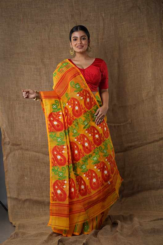 Traditional Bengal Cotton Silk Soft Jamdani Saree with the yellow colour combination, Handwoven in the Rich Heritage of Bengal Minakari Dhakai | Item Length: 5.5 Metres Width: 1.2 Meters | Without Blouse Piece.DN NO-1029