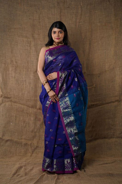 Traditional Soft Mulmul navy blue colour Bengal Handloom Pure Cotton Saree Without Blouse Piece.DN NO-1035