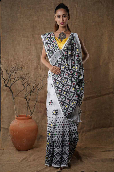 Traditional Soft Mulmul lite White & Black colour Bengal Handloom Pure Cotton Saree Without Blouse Piece.DN NO-1004