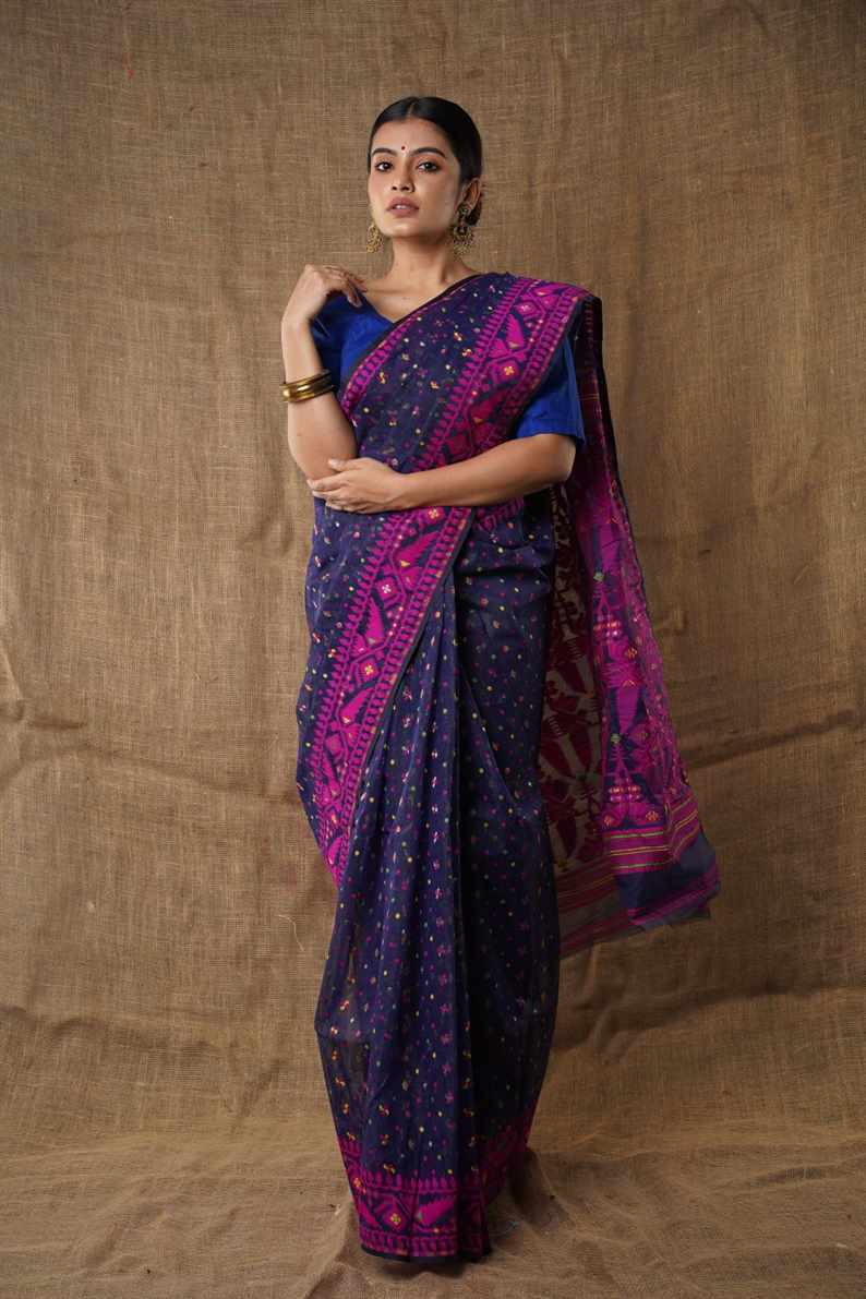 Traditional Bengal Cotton Silk Soft Jamdani Saree with navy blue colour   combination ,Handwoven in the Rich Heritage of Bengal Minakari Dhakai | Item Length: 5.5 Metres Width: 1.2 Meters | Without Blouse Piece.