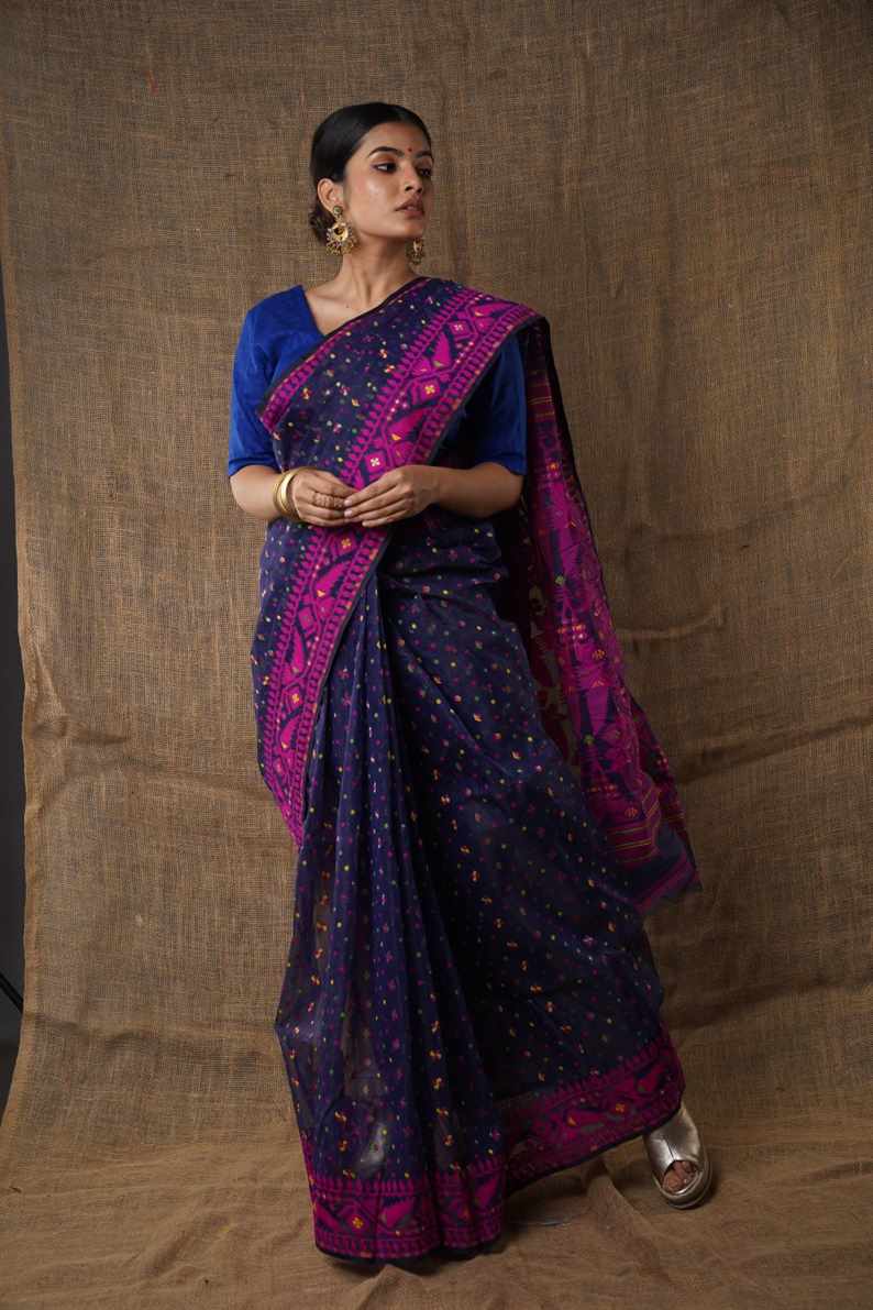 Traditional Bengal Cotton Silk Soft Jamdani Saree with navy blue colour   combination ,Handwoven in the Rich Heritage of Bengal Minakari Dhakai | Item Length: 5.5 Metres Width: 1.2 Meters | Without Blouse Piece.