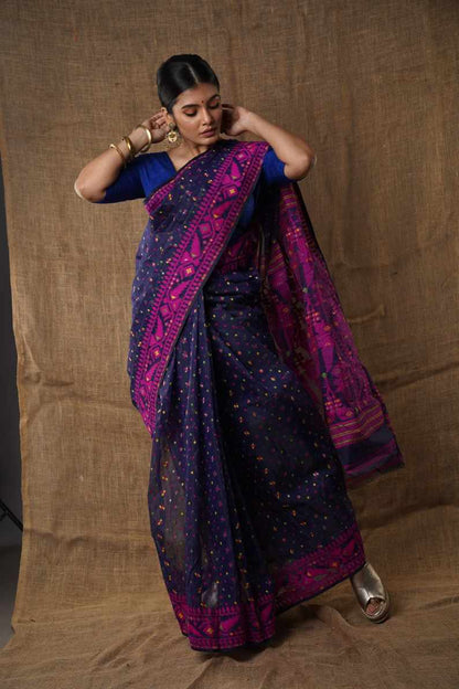 Traditional Bengal Cotton Silk Soft Jamdani Saree with navy blue colour   combination ,Handwoven in the Rich Heritage of Bengal Minakari Dhakai | Item Length: 5.5 Metres Width: 1.2 Meters | Without Blouse Piece.DN NO -1008