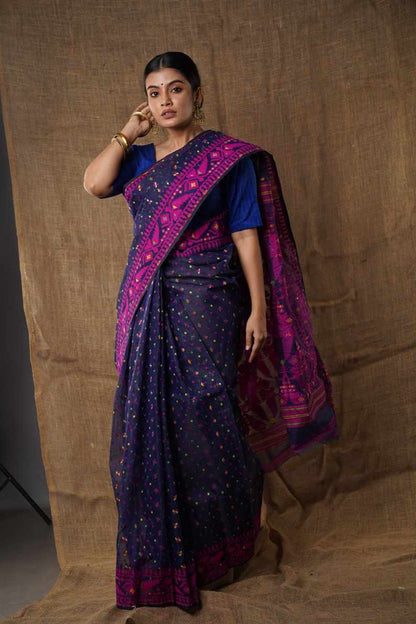 Traditional Bengal Cotton Silk Soft Jamdani Saree with navy blue colour   combination ,Handwoven in the Rich Heritage of Bengal Minakari Dhakai | Item Length: 5.5 Metres Width: 1.2 Meters | Without Blouse Piece.DN NO -1008