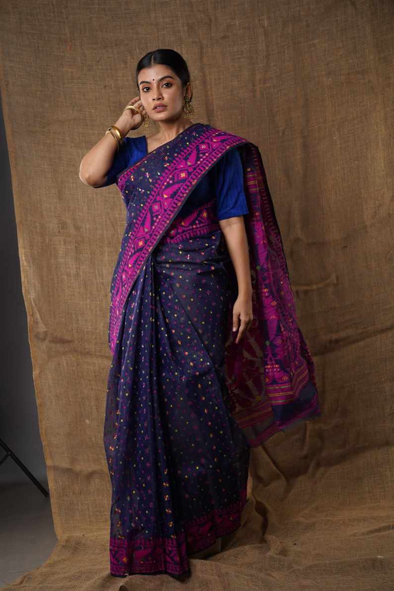 Traditional Bengal Cotton Silk Soft Jamdani Saree with navy blue colour   combination ,Handwoven in the Rich Heritage of Bengal Minakari Dhakai | Item Length: 5.5 Metres Width: 1.2 Meters | Without Blouse Piece.