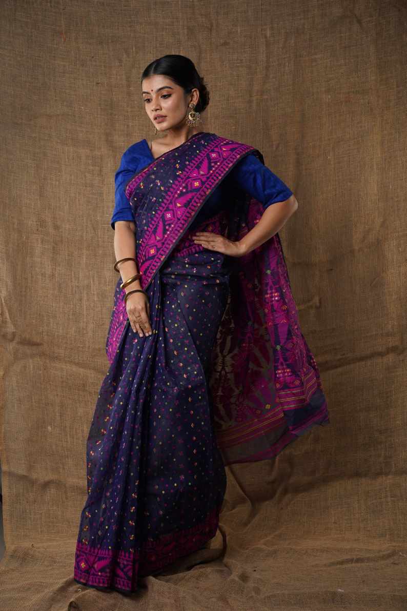 AMAB Women's Traditional Bengal Cotton Silk Soft Jamdani Saree with navy blue colour   combination ,Handwoven in the Rich Heritage of Bengal Minakari Dhakai | Item Length: 5.5 Metres Width: 1.2 Meters | Without Blouse Piece.