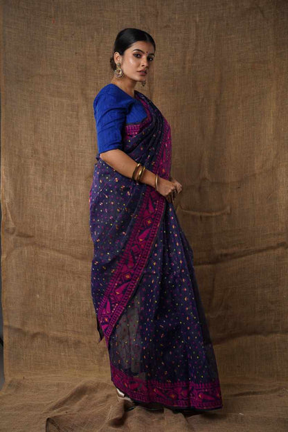 Traditional Bengal Cotton Silk Soft Jamdani Saree with navy blue colour   combination ,Handwoven in the Rich Heritage of Bengal Minakari Dhakai | Item Length: 5.5 Metres Width: 1.2 Meters | Without Blouse Piece.DN NO -1008