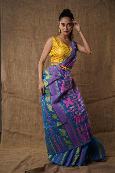 Traditional Bengal Cotton Silk Soft Jamdani Saree with navy blue floral combination ,Handwoven in the Rich Heritage of Bengal Minakari Dhakai | Item Length: 5.5 Metres Width: 1.2 Meters | Without Blouse Piece.