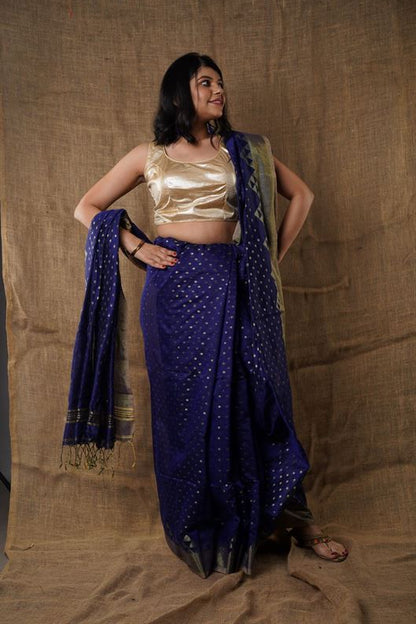 Traditional Soft Mulmul nevy blue colour Bengal Handloom Pure Cotton Saree Without Blouse Piece.DN NO-1041