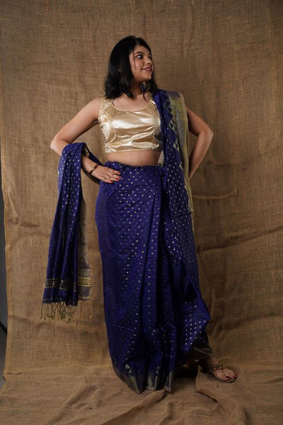 Traditional Soft Mulmul nevy blue colour Bengal Handloom Pure Cotton Saree Without Blouse Piece.