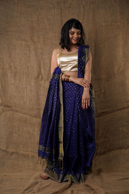 Traditional Soft Mulmul nevy blue colour Bengal Handloom Pure Cotton Saree Without Blouse Piece.DN NO-1041