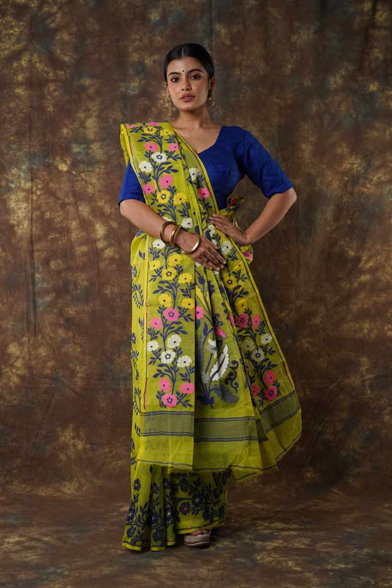 Traditional Bengal Cotton Silk Soft Jamdani Saree with parrot green colour   combination ,Handwoven in the Rich Heritage of Bengal Minakari Dhakai | Item Length: 5.5 Metres Width: 1.2 Meters | Without Blouse Piece.DN NO-1026