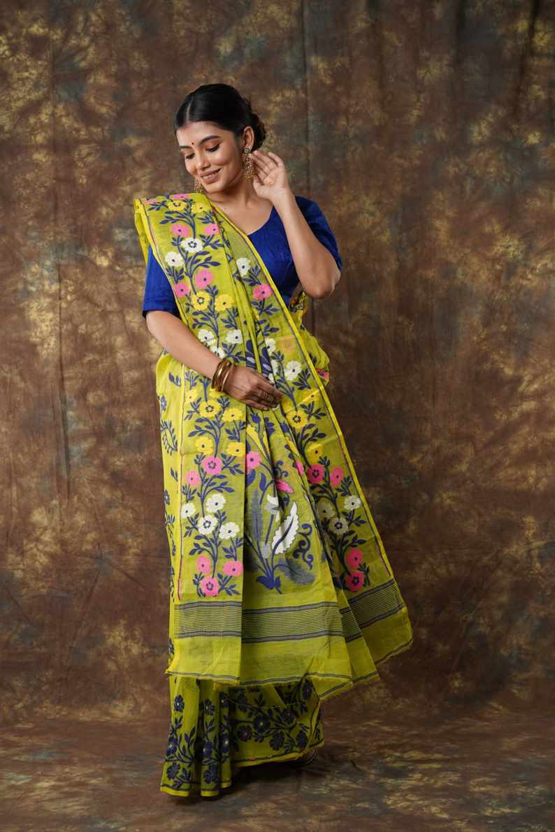 Traditional Bengal Cotton Silk Soft Jamdani Saree with parrot green colour   combination ,Handwoven in the Rich Heritage of Bengal Minakari Dhakai | Item Length: 5.5 Metres Width: 1.2 Meters | Without Blouse Piece.DN NO-1026