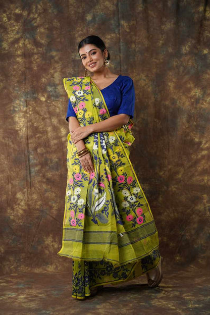 Traditional Bengal Cotton Silk Soft Jamdani Saree with parrot green colour   combination ,Handwoven in the Rich Heritage of Bengal Minakari Dhakai | Item Length: 5.5 Metres Width: 1.2 Meters | Without Blouse Piece.DN NO-1026