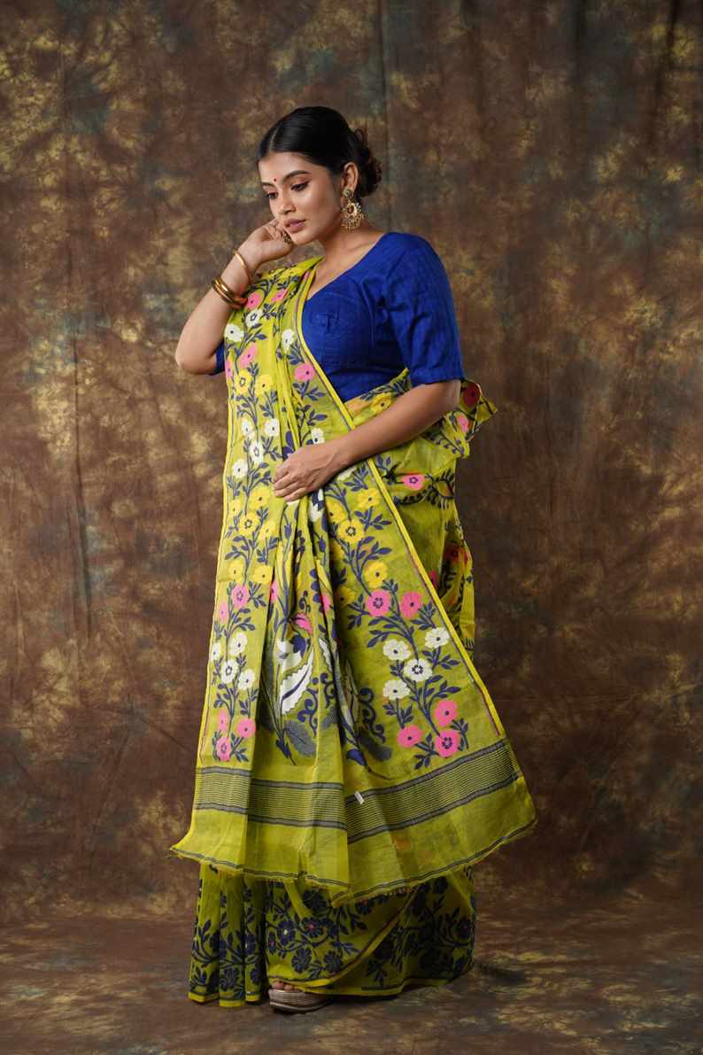 Traditional Bengal Cotton Silk Soft Jamdani Saree with parrot green colour   combination ,Handwoven in the Rich Heritage of Bengal Minakari Dhakai | Item Length: 5.5 Metres Width: 1.2 Meters | Without Blouse Piece.