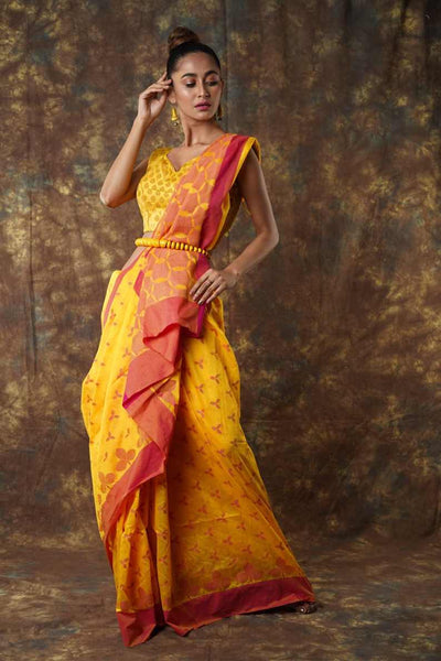 Traditional Soft Mulmul yellow colour Bengal Handloom Pure Cotton Saree Without Blouse Piece.