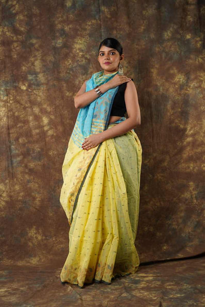 Soft Mulmul lite sky & pink colour Bengal Handloom Pure Cotton Saree Without Blouse Piece.