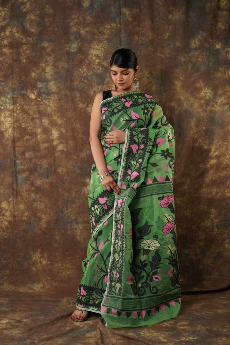 Traditional Bengal Cotton Silk Soft Jamdani Saree with green colour floral  combination ,Handwoven in the Rich Heritage of Bengal Minakari Dhakai | Item Length: 5.5 Metres Width: 1.2 Meters | Without Blouse Piece.