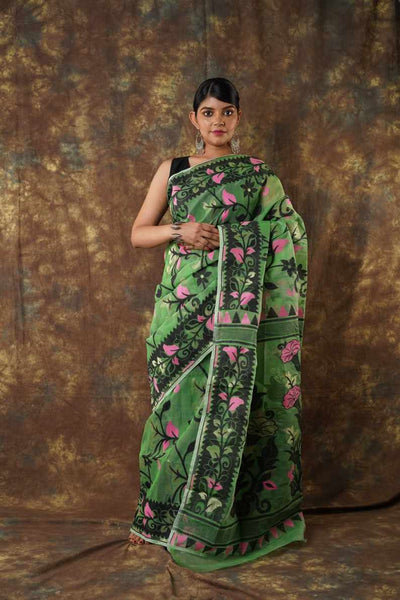 Traditional Bengal Cotton Silk Soft Jamdani Saree with green colour floral  combination ,Handwoven in the Rich Heritage of Bengal Minakari Dhakai | Item Length: 5.5 Metres Width: 1.2 Meters | Without Blouse Piece.