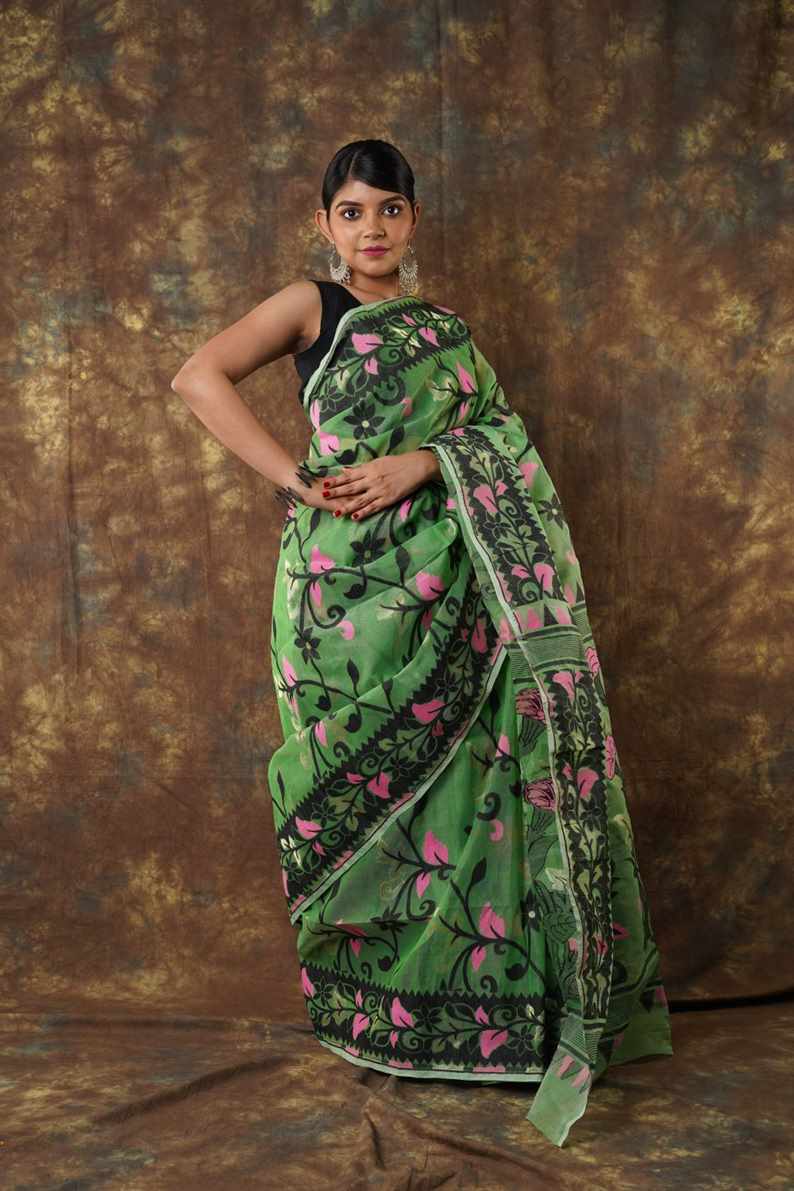 Traditional Bengal Cotton Silk Soft Jamdani Saree with green colour floral  combination ,Handwoven in the Rich Heritage of Bengal Minakari Dhakai | Item Length: 5.5 Metres Width: 1.2 Meters | Without Blouse Piece.