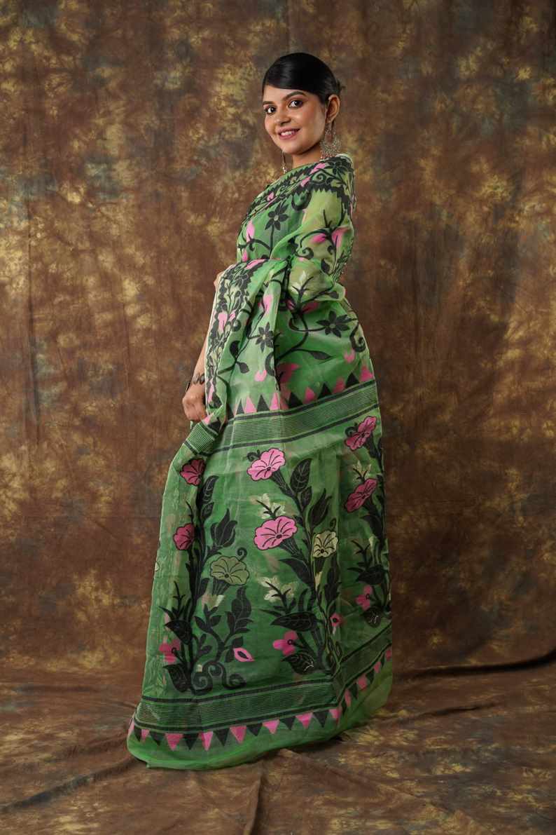 Traditional Bengal Cotton Silk Soft Jamdani Saree with green colour floral  combination ,Handwoven in the Rich Heritage of Bengal Minakari Dhakai | Item Length: 5.5 Metres Width: 1.2 Meters | Without Blouse Piece.