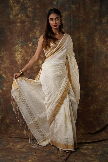 Traditional Soft Mulmul cream colour Bengal Handloom Pure Cotton Saree Without Blouse Piece.DN NO-1046