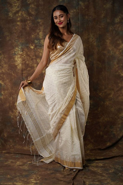 Traditional Soft Mulmul cream colour Bengal Handloom Pure Cotton Saree Without Blouse Piece.DN NO-1046