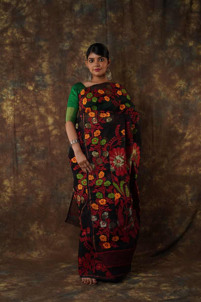 Traditional Bengal Cotton Silk Soft Jamdani Saree with Black floral combination ,Handwoven in the Rich Heritage of Bengal Minakari Dhakai | Item Length: 5.5 Metres Width: 1.2 Meters | Without Blouse Piece.DN NO-1025