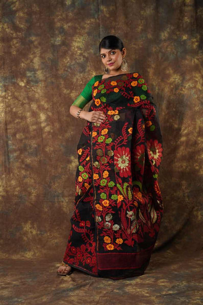 Traditional Bengal Cotton Silk Soft Jamdani Saree with Black floral combination ,Handwoven in the Rich Heritage of Bengal Minakari Dhakai | Item Length: 5.5 Metres Width: 1.2 Meters | Without Blouse Piece.DN NO-1025