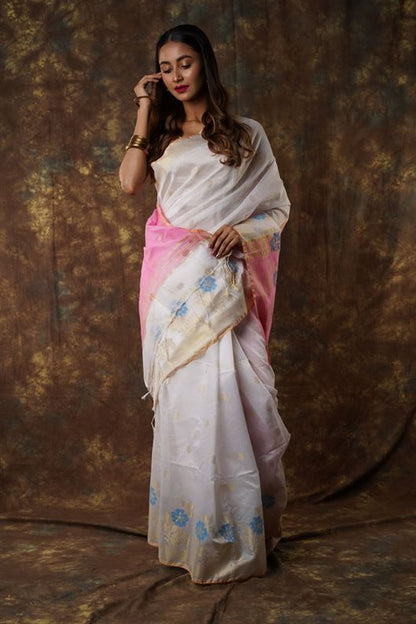 Traditional Soft Mulmul white & pink colour Bengal Handloom Pure Cotton Saree Without Blouse Piece.DN NO-1043