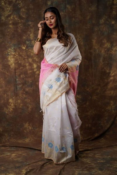 Traditional Soft Mulmul white & pink colour Bengal Handloom Pure Cotton Saree Without Blouse Piece.