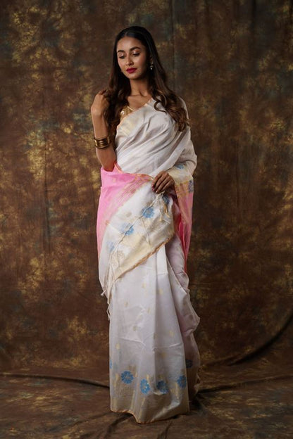 Traditional Soft Mulmul white & pink colour Bengal Handloom Pure Cotton Saree Without Blouse Piece.DN NO-1043