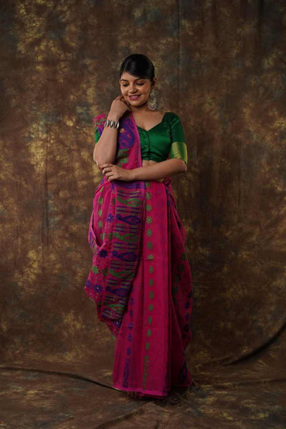 Traditional Bengal Cotton Silk Soft Jamdani Saree with rani colour   combination ,Handwoven in the Rich Heritage of Bengal Minakari Dhakai | Item Length: 5.5 Metres Width: 1.2 Meters | Without Blouse Piece.DN NO-1028