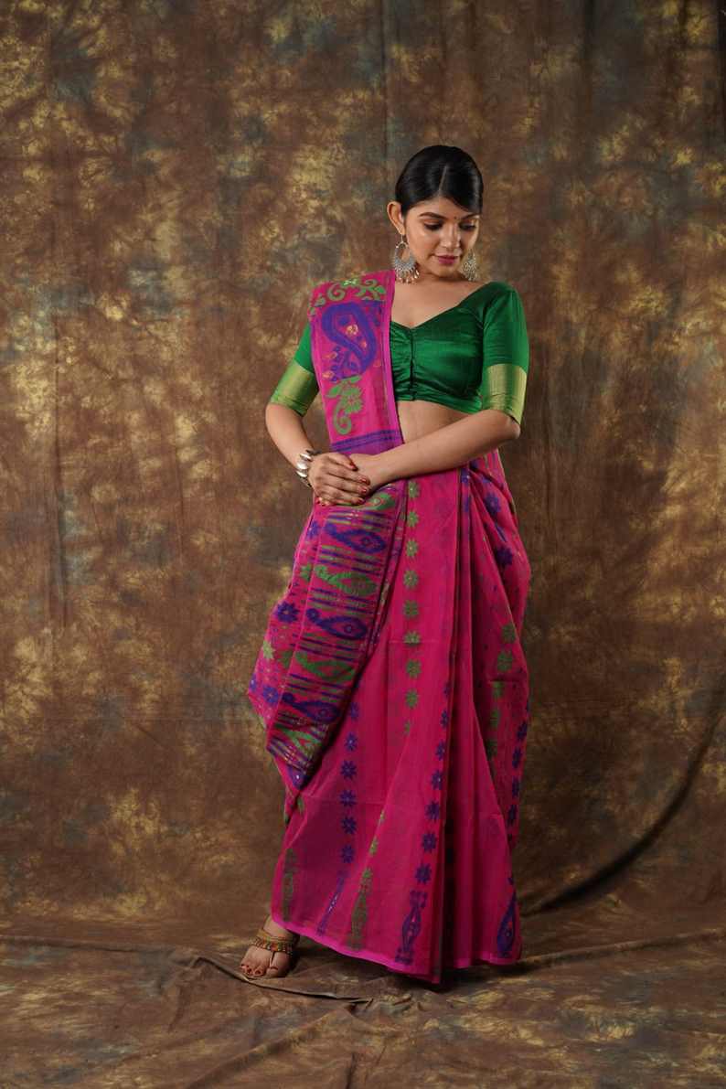 Traditional Bengal Cotton Silk Soft Jamdani Saree with rani colour   combination ,Handwoven in the Rich Heritage of Bengal Minakari Dhakai | Item Length: 5.5 Metres Width: 1.2 Meters | Without Blouse Piece.