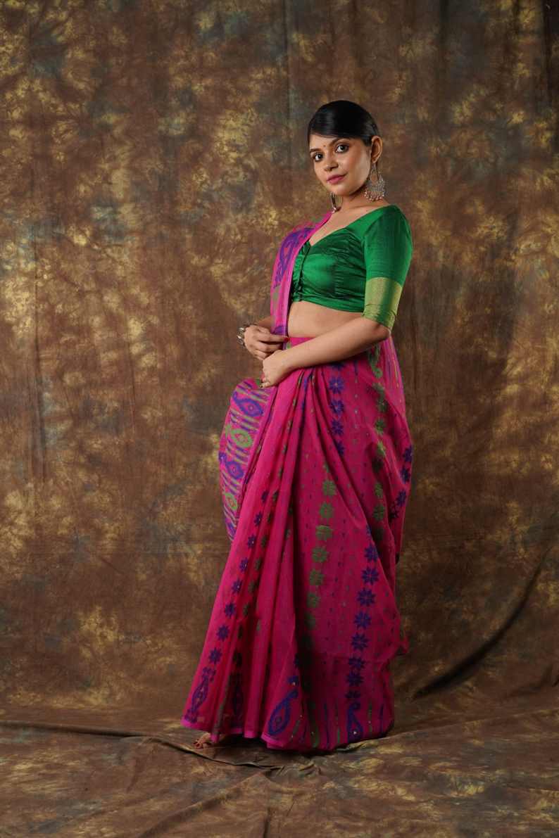 Traditional Bengal Cotton Silk Soft Jamdani Saree with rani colour   combination ,Handwoven in the Rich Heritage of Bengal Minakari Dhakai | Item Length: 5.5 Metres Width: 1.2 Meters | Without Blouse Piece.