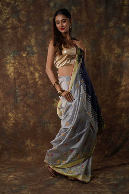 Traditional Soft Mulmul grey & blue colour Bengal Handloom Pure Cotton Saree Without Blouse Piece.DN NO-1065