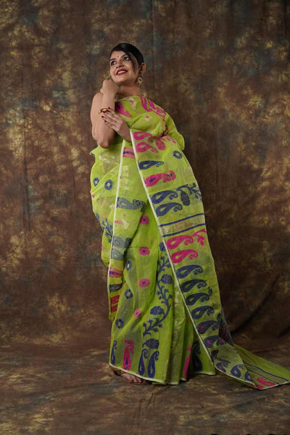 Traditional Bengal Cotton Silk Soft Jamdani Saree with parrot green colour   combination ,Handwoven in the Rich Heritage of Bengal Minakari Dhakai | Item Length: 5.5 Metres Width: 1.2 Meters | Without Blouse Piece.DN NO-1012