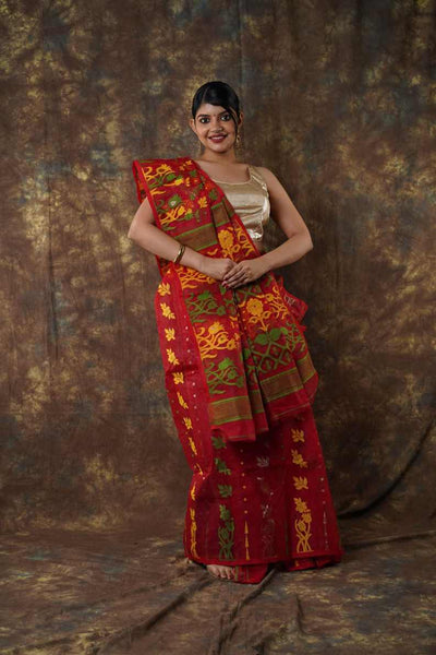 Traditional Bengal Cotton Silk Soft Jamdani Saree with red colour floral  combination ,Handwoven in the Rich Heritage of Bengal Minakari Dhakai | Item Length: 5.5 Metres Width: 1.2 Meters | Without Blouse Piece.