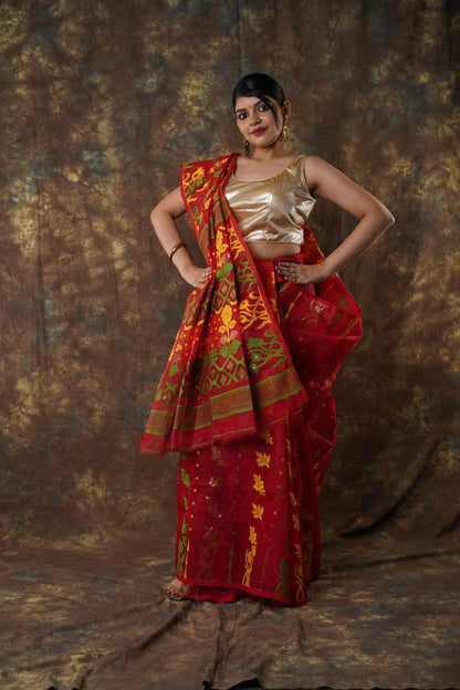 Traditional Bengal Cotton Silk Soft Jamdani Saree with red colour floral  combination ,Handwoven in the Rich Heritage of Bengal Minakari Dhakai | Item Length: 5.5 Metres Width: 1.2 Meters | Without Blouse Piece.DN NO-1009