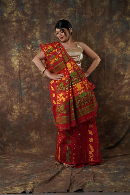 Traditional Bengal Cotton Silk Soft Jamdani Saree with red colour floral  combination ,Handwoven in the Rich Heritage of Bengal Minakari Dhakai | Item Length: 5.5 Metres Width: 1.2 Meters | Without Blouse Piece.DN NO-1009