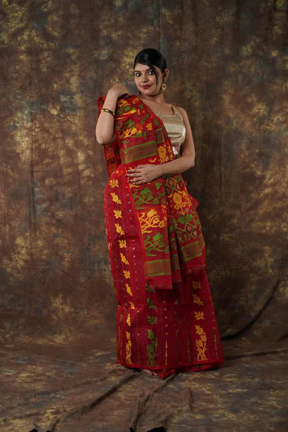 Traditional Bengal Cotton Silk Soft Jamdani Saree with red colour floral  combination ,Handwoven in the Rich Heritage of Bengal Minakari Dhakai | Item Length: 5.5 Metres Width: 1.2 Meters | Without Blouse Piece.DN NO-1009