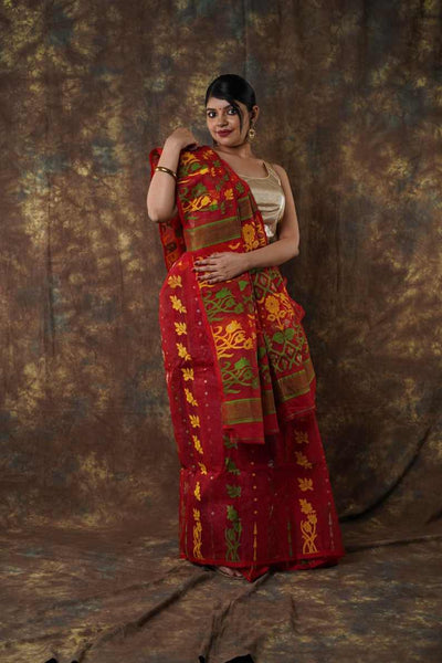 Traditional Bengal Cotton Silk Soft Jamdani Saree with red colour floral  combination ,Handwoven in the Rich Heritage of Bengal Minakari Dhakai | Item Length: 5.5 Metres Width: 1.2 Meters | Without Blouse Piece.