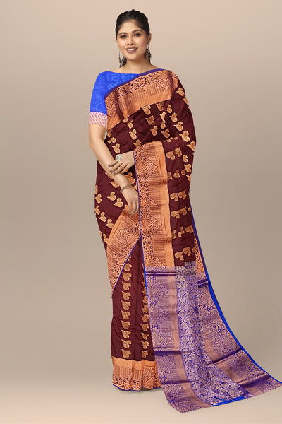 Marron Silk Saree with Navy Buta and Temple Blouse