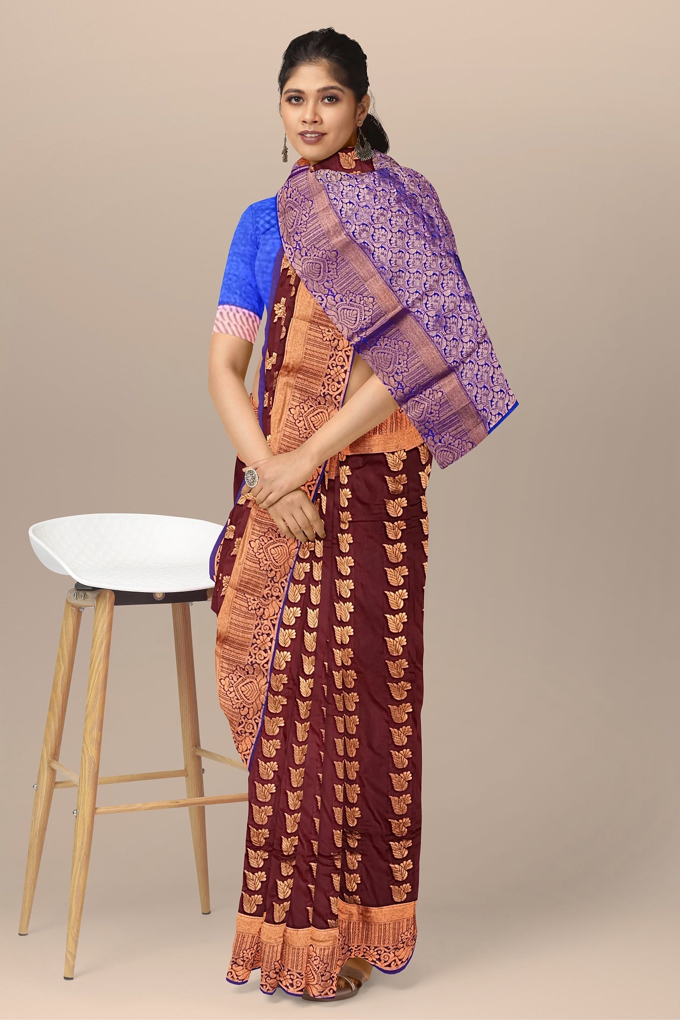 Marron Silk Saree with Navy Buta and Temple Blouse