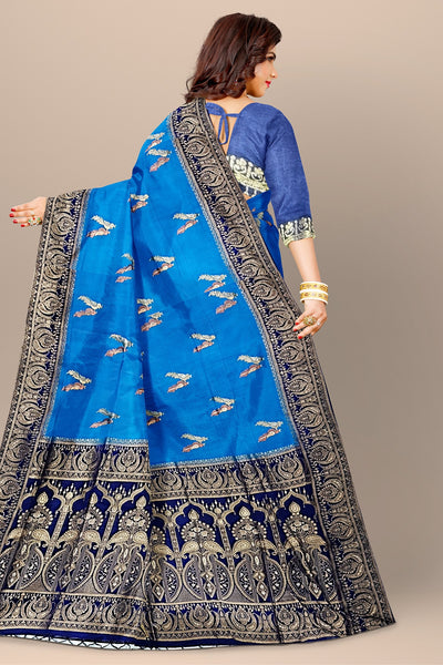 Tussar Silk Saree with Peacock Buta & Navy Blue Contrast