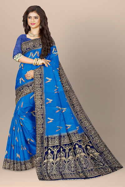 Tussar Silk Saree with Peacock Buta & Navy Blue Contrast